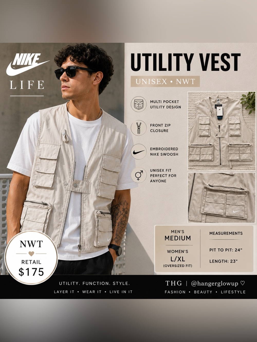 Nike Life Utility Cargo Vest NWT Unisex Stone Beige Multi Pocket Medium